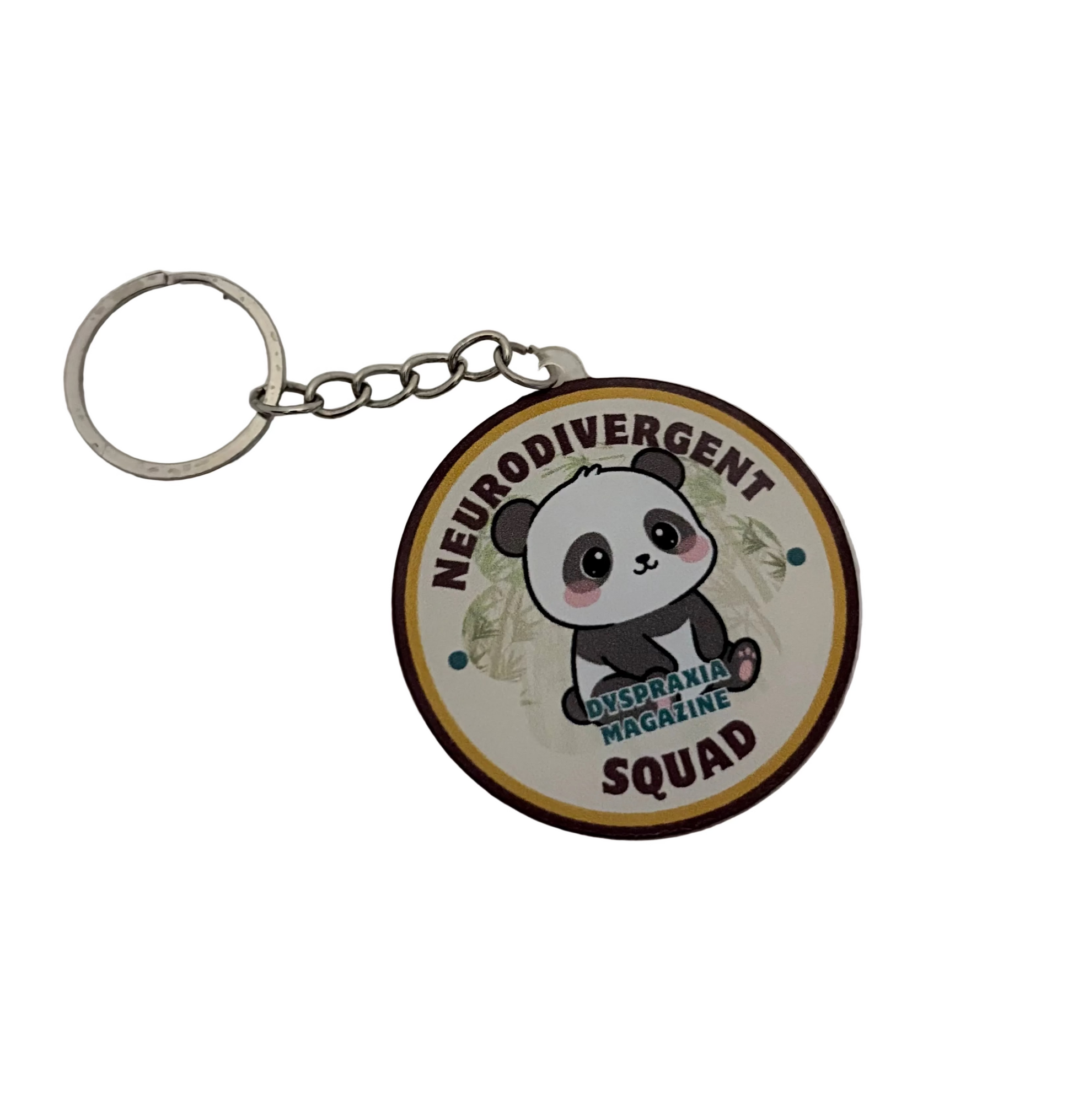 A round novelty keychain featuring a cartoon panda with the text 'NEURODIVERGENT SQUAD' on a white textured background.
